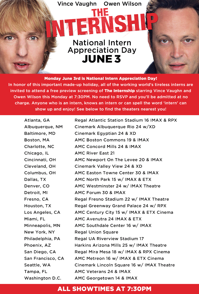 FREE SCREENING - THE INTERNSHIP Starring Vince Vaughn and Owen Wilson ...